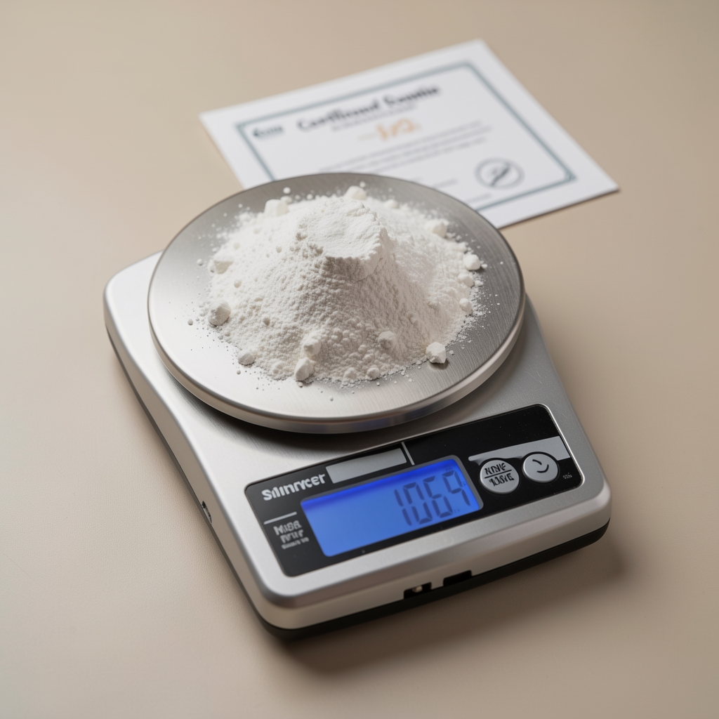Mineral ingredient powder measured on precision scale with certificate of composition document visible