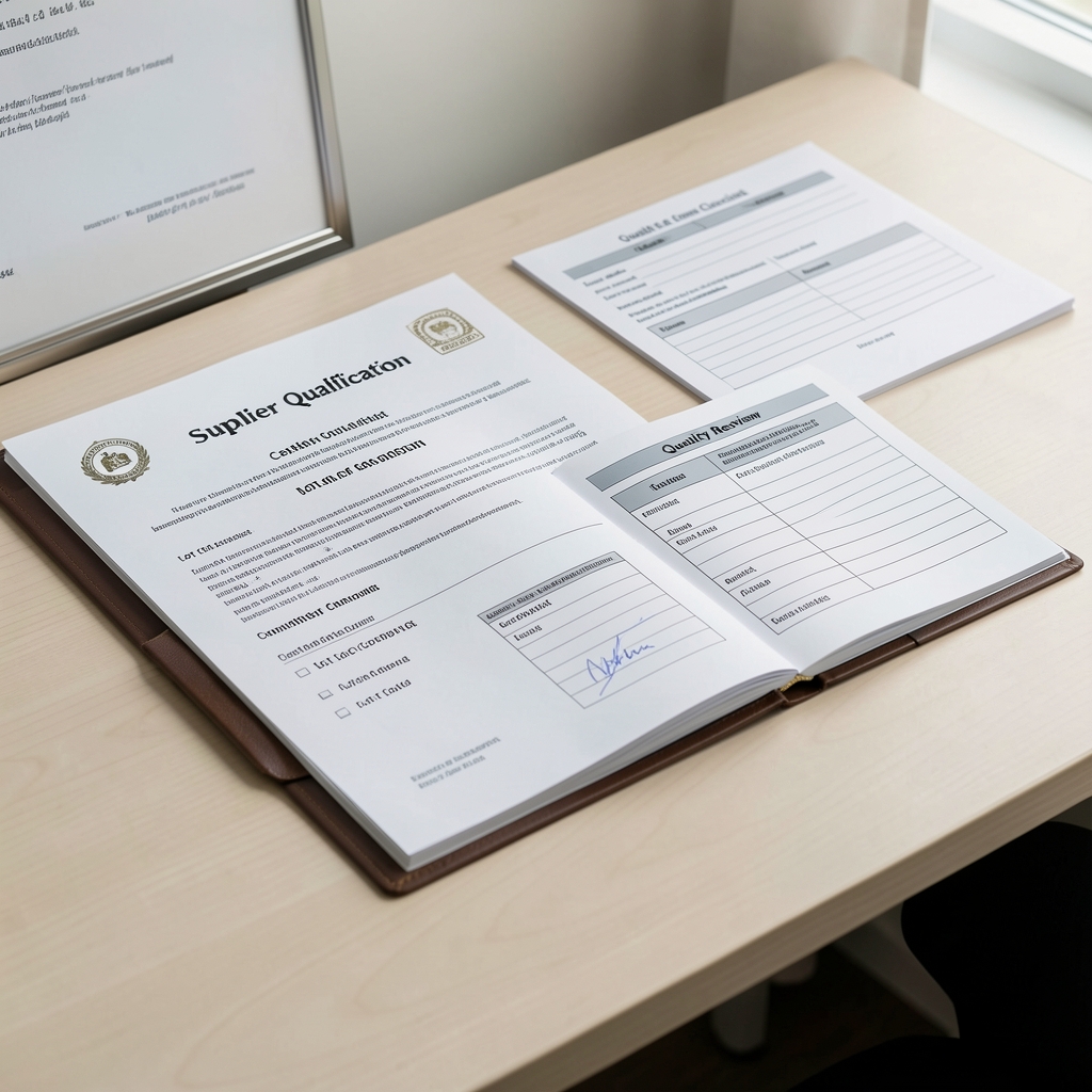Supplier qualification folder with certificate of composition documents, lot codes, and quality review checklists arranged on a clean desk in a natural light environment