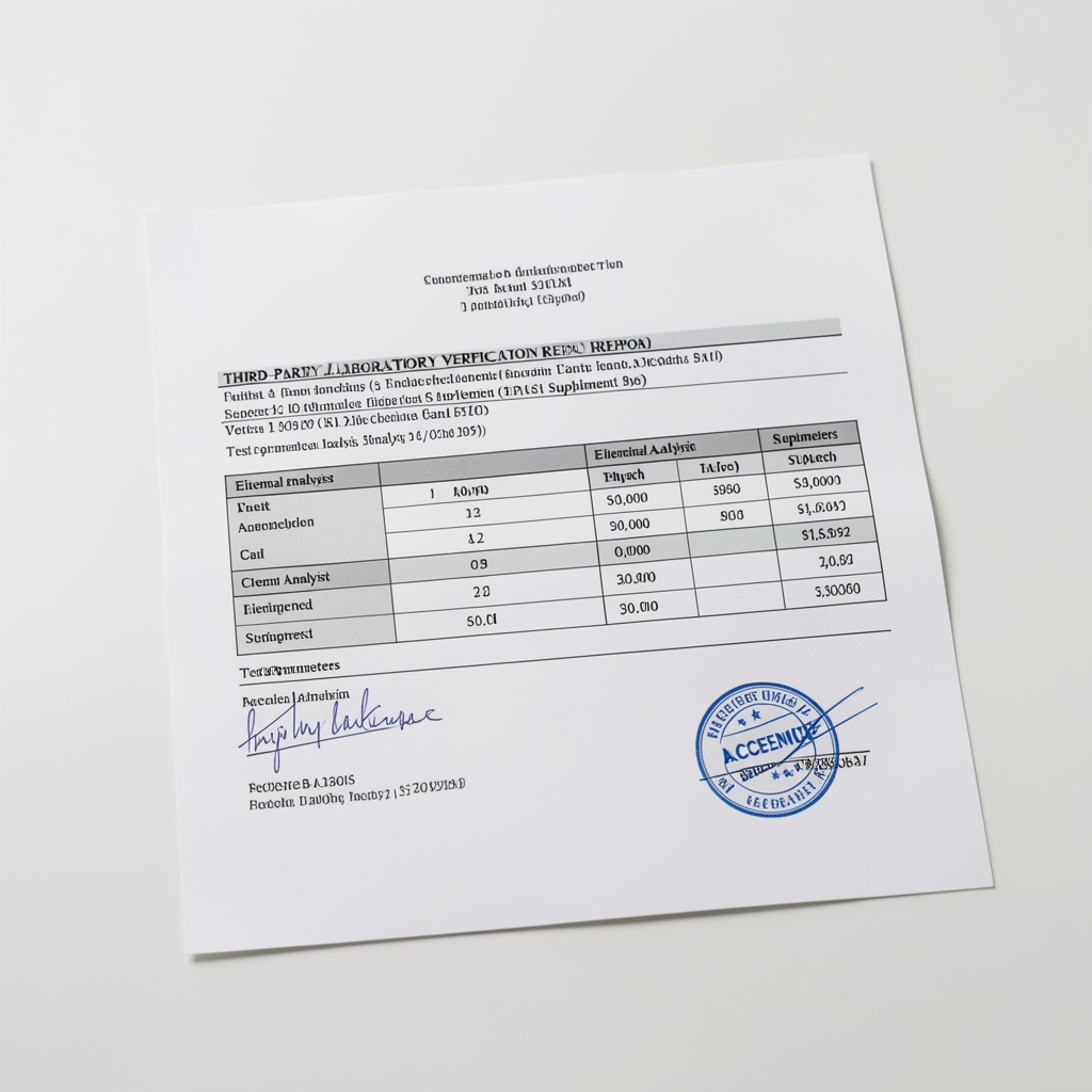 Third-party laboratory verification report for supplement batch with elemental analysis results, test parameters, and acceptance stamp, placed on a clean surface under bright studio lighting