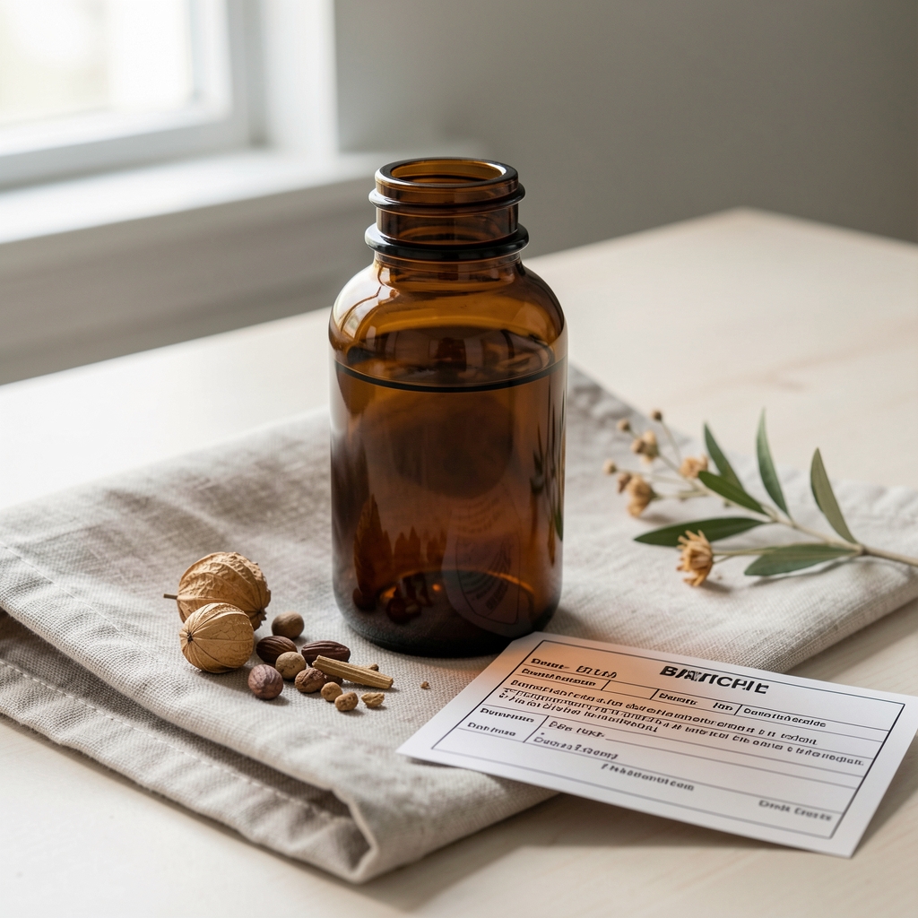 Orbano Daily Complex amber glass supplement bottle on a linen cloth with dried botanical ingredients and a batch documentation card, clean workspace with natural light