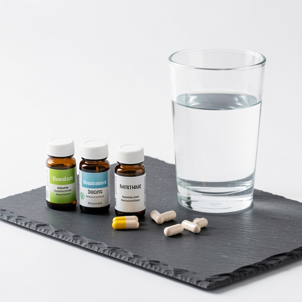 Orbano Energy and Stamina Complex supplement capsules displayed on a slate surface alongside a glass of water and ingredient labels, bright studio lighting on clean background