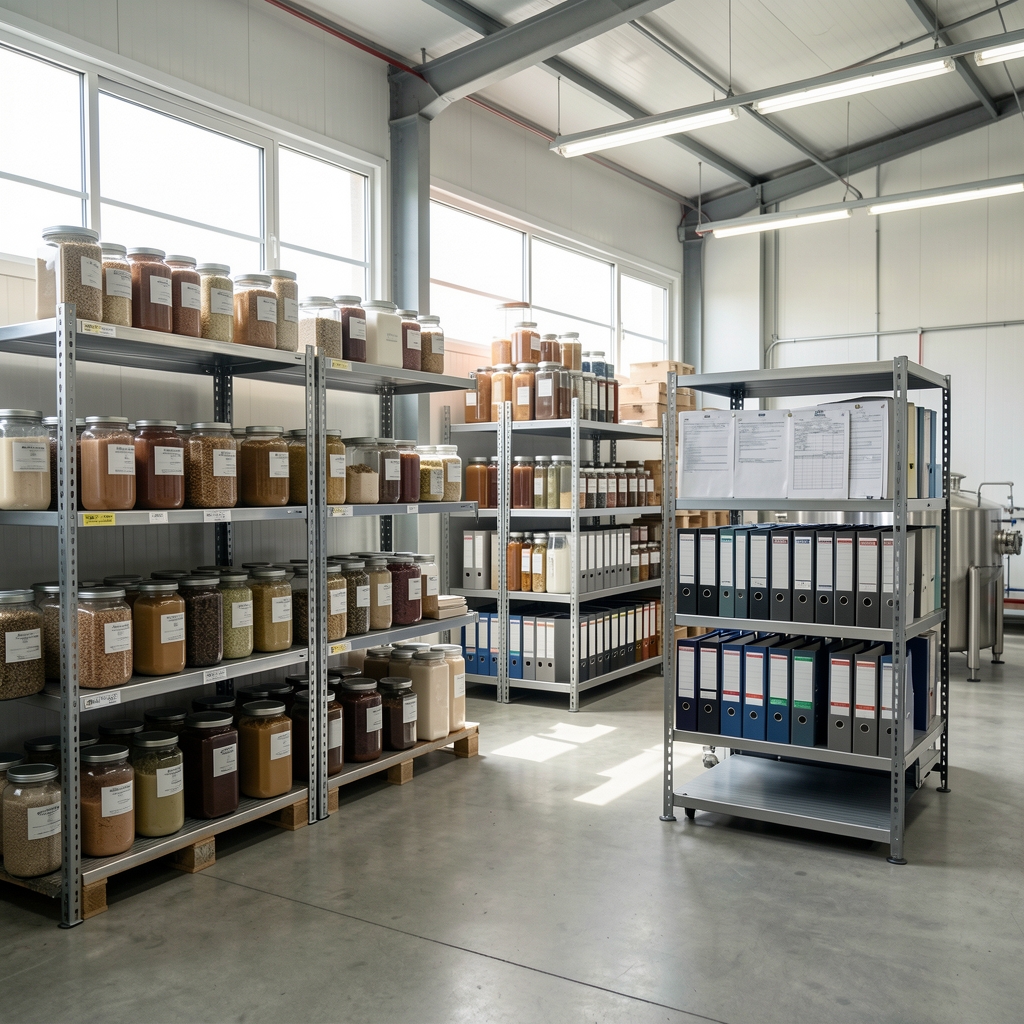 Orbano production facility interior with natural light, ingredient storage shelving and batch documentation binders arranged by lot number