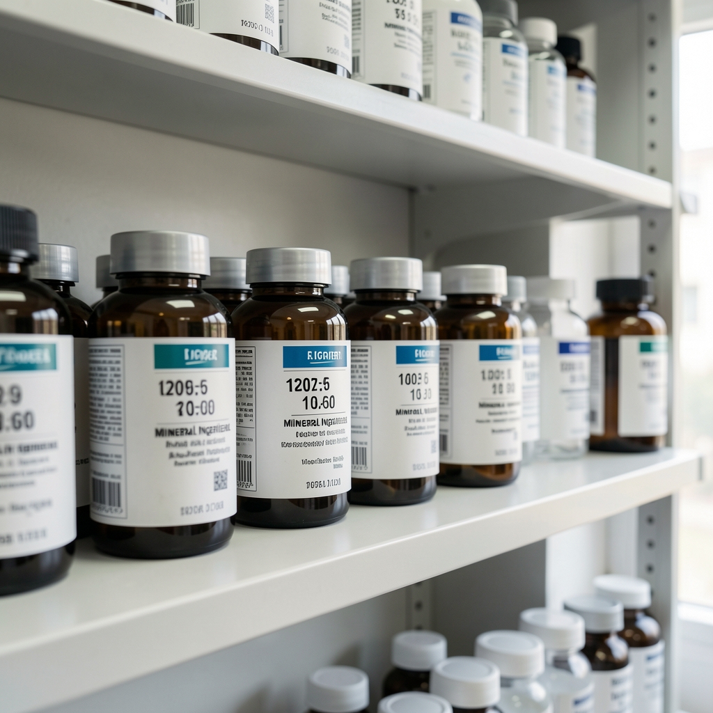 Mineral ingredient bottles aligned on shelving with lot-code stickers visible in clean workspace environment