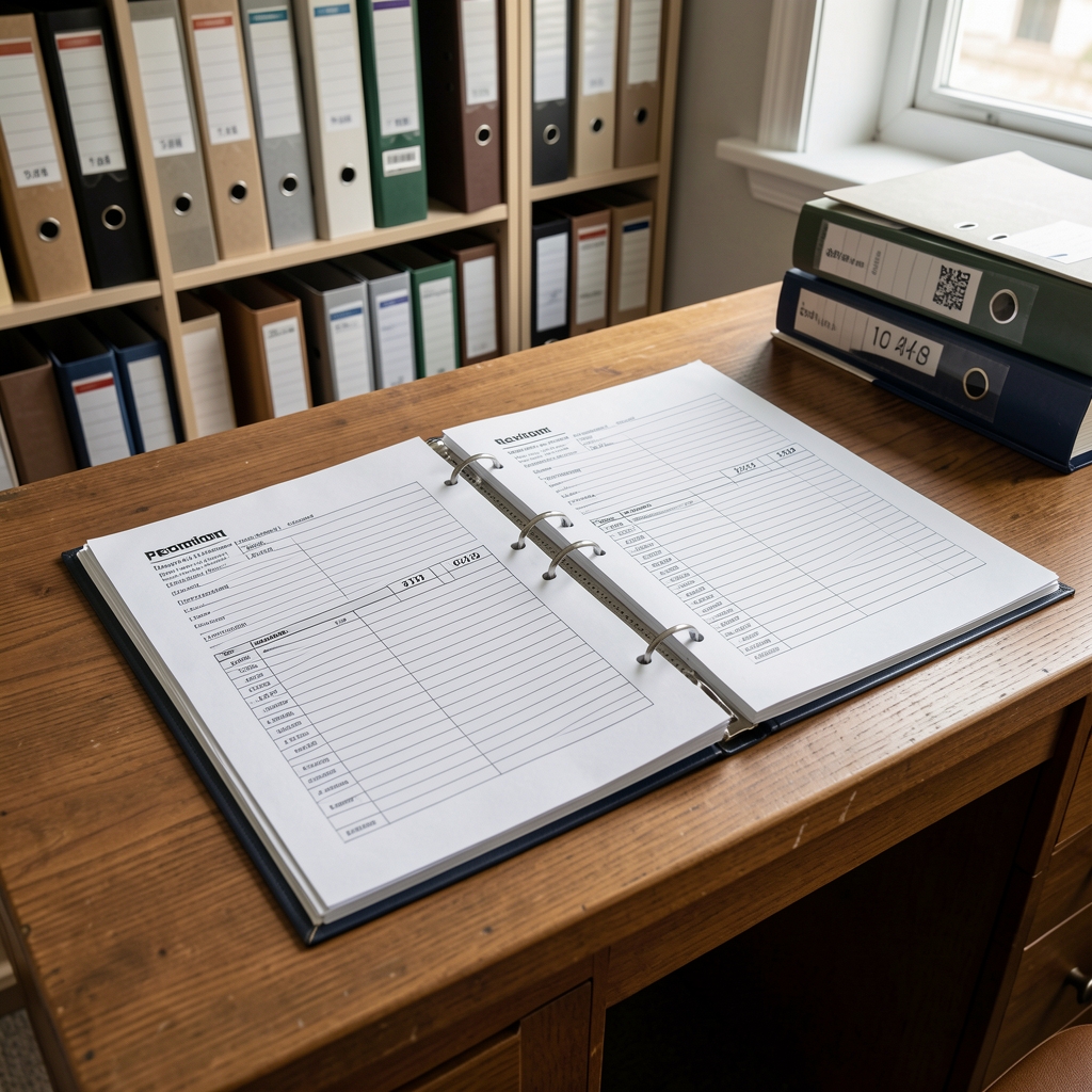 Production documentation binders with revision numbers and lot record sheets laid flat on wooden desk in archive setting